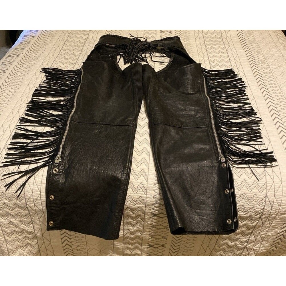 Jamin Leather Fringed Women's Black Biker Motorcycle Chaps Size L Boho
